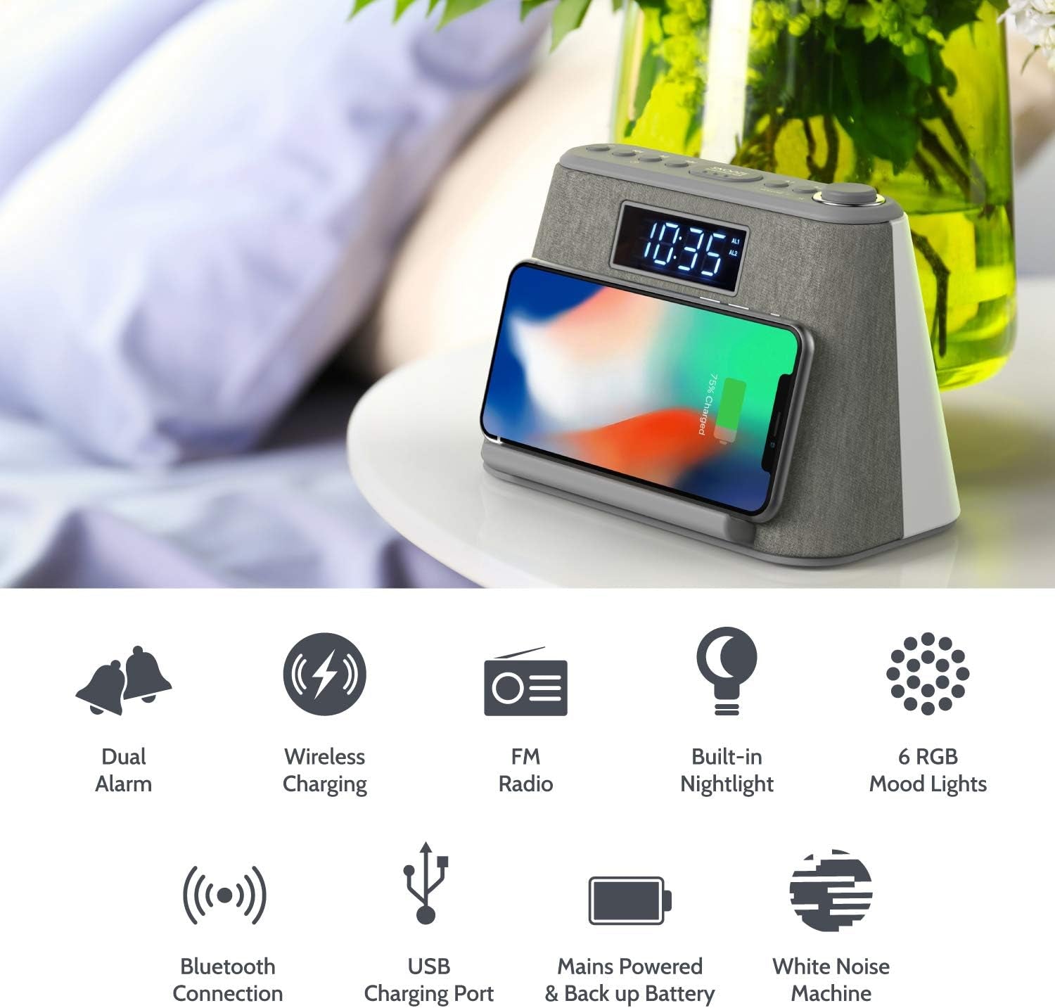 i-Box Digital Alarm Clock with Wireless Charging & Bluetooth Speaker