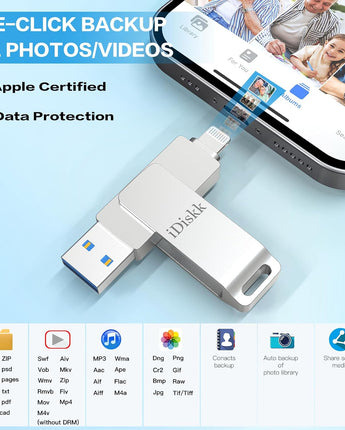 iDiskk MFi-Certified Flash Drive for iPhone & iPad backup photos USB 