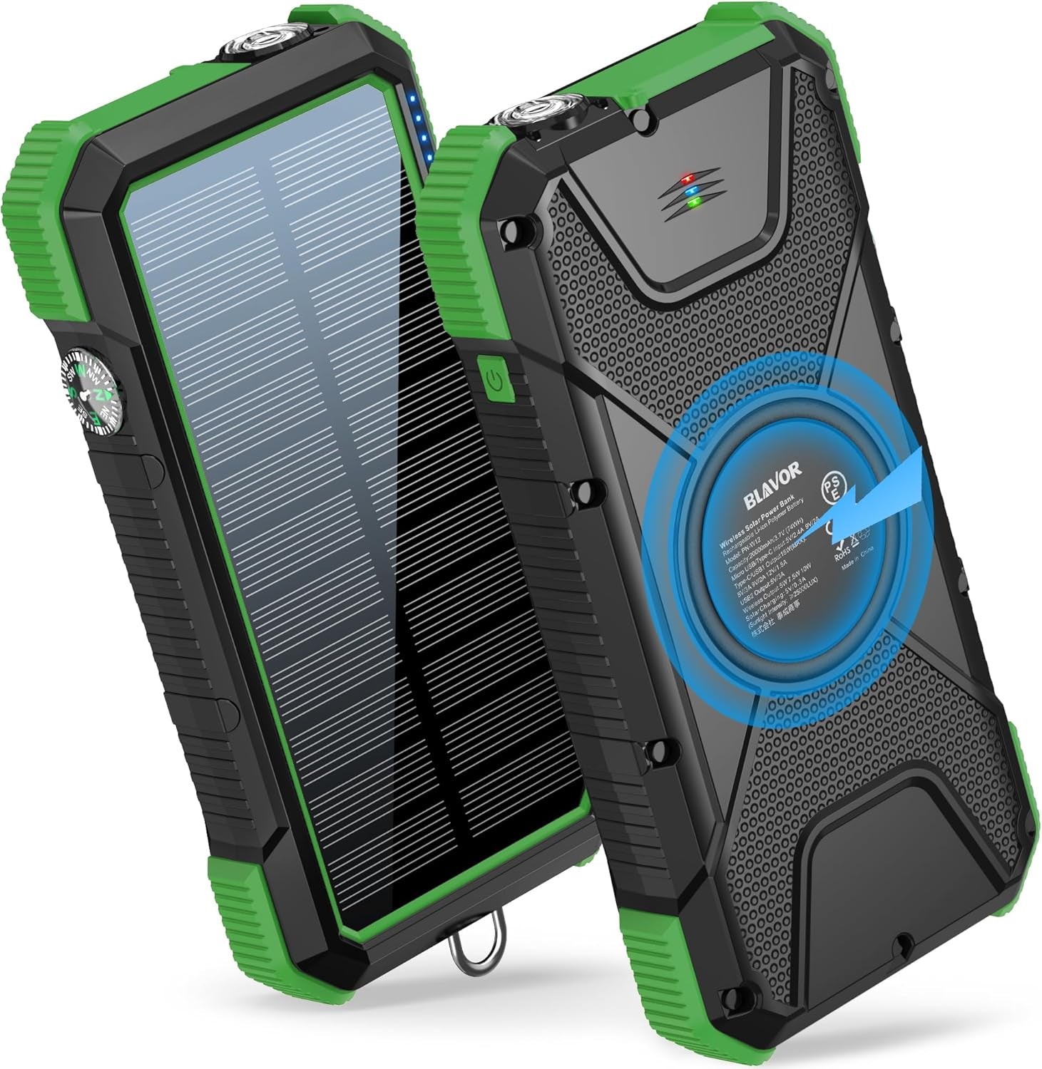 BLAVOR Solar Power Bank, PD18W QC3.0 Fast Charging 10W Wireless Charger 20000Mah Solar Powered Powerbank with Type C Input/Output, IPX5 Waterproof, Camping Flashlight, Compass, Carabiner