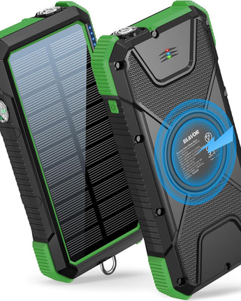 BLAVOR Solar Power Bank, PD18W QC3.0 Fast Charging 10W Wireless Charger 20000Mah Solar Powered Powerbank with Type C Input/Output, IPX5 Waterproof, Camping Flashlight, Compass, Carabiner
