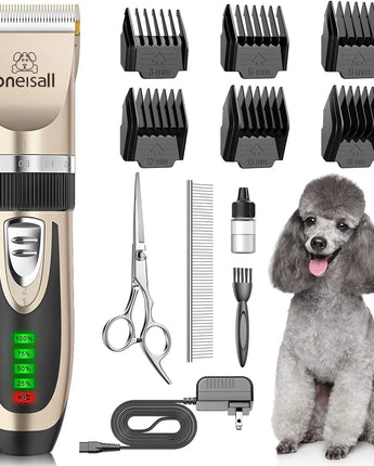 Oneisall Dog Clippers Low Noise, 2-Speed Quiet Dog Grooming Kit Rechargeable Cordless Pet Hair Clipper Trimmer Shaver for Small and Large Dogs Cats Animals (Gold)