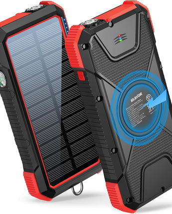 BLAVOR Solar Power Bank, PD18W QC3.0 Fast Charging 10W Wireless Charger 20000Mah Solar Powered Powerbank with Type C Input/Output, IPX5 Waterproof, Camping Flashlight, Compass, Carabiner